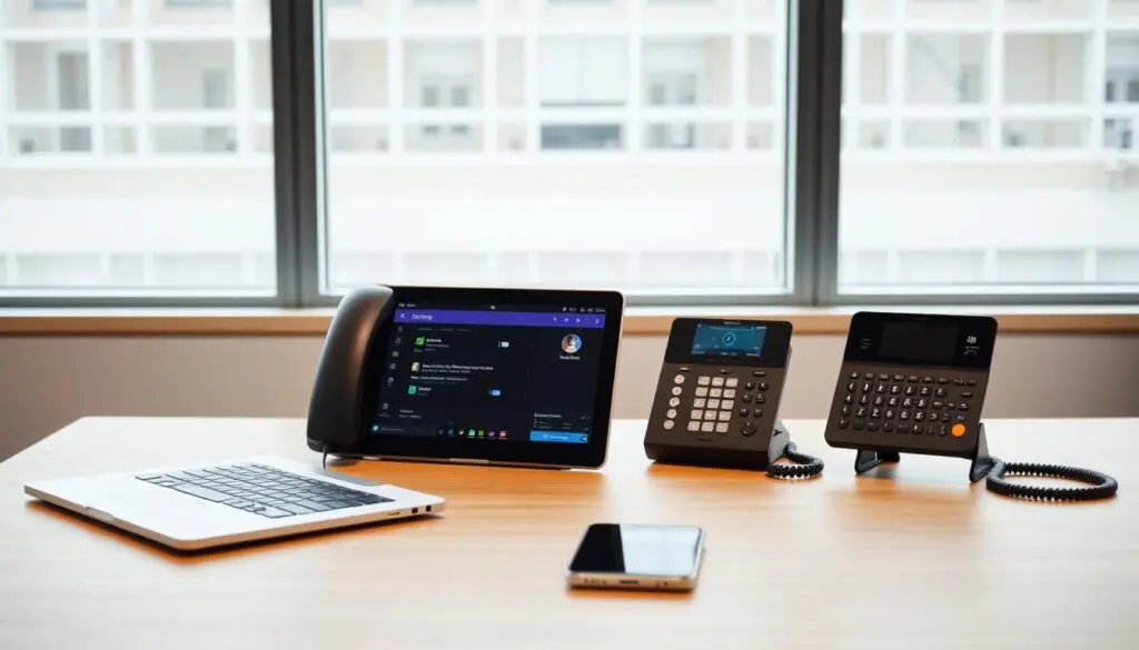 High-quality image of a modern office desk with a laptop, a desk phone, and a smartphone, all representing the essential communication tools for a Teams Phone setup. The desk is well-lit with natural light from a large window, creating a bright and productive atmosphere. The arrangement of the devices suggests a seamless and integrated Teams Phone experience, with the devices representing the different modes of communication available to the user. The image should convey a sense of professionalism, efficiency, and the ease of managing a Teams Phone system within a business context. High-quality image of a modern office desk with a laptop, a desk phone, and a smartphone, all representing the essential communication tools for a Teams Phone setup. The desk is well-lit with natural light from a large window, creating a bright and productive atmosphere. The arrangement of the devices suggests a seamless and integrated Teams Phone experience, with the devices representing the different modes of communication available to the user. The image should convey a sense of professionalism, efficiency, and the ease of managing a Teams Phone system within a business context.
