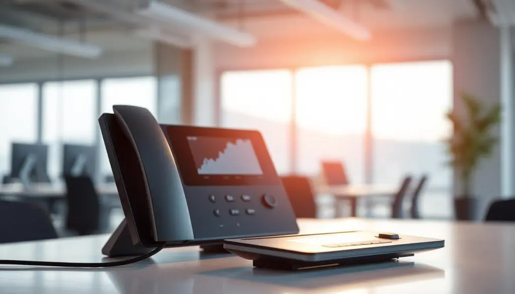 Teams conference phone, sitting prominently on a minimalist desk, its sleek design and intuitive interface capturing the essence of modern business communication. A warm, diffused light illuminates the device, casting soft shadows that accentuate its clean lines and polished surface. The phone is positioned in the foreground, with a blurred background of a serene office environment, allowing the focus to remain on the tool that enables seamless collaboration. The overall composition conveys a sense of professionalism, efficiency, and a commitment to staying connected in the digital age.
