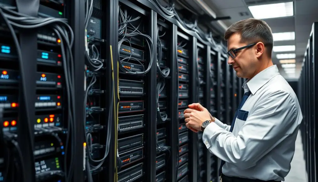 A bustling data center with rows of server racks, wires, and blinking LED lights. In the foreground, a technician in a crisp uniform examines a router, ensuring seamless internet connectivity. The middle ground features diverse network infrastructure - redundant switches, firewalls, and load balancers - all working in harmony to provide reliable, high-speed internet access. The background showcases the latest cloud technologies, with virtual machines and AI-powered monitoring systems keeping the entire system resilient and secure. Soft, directional lighting illuminates the scene, creating a professional, tech-forward atmosphere. The overall image conveys the robust, cost-effective redundancy solutions that enable businesses to thrive in the digital age.