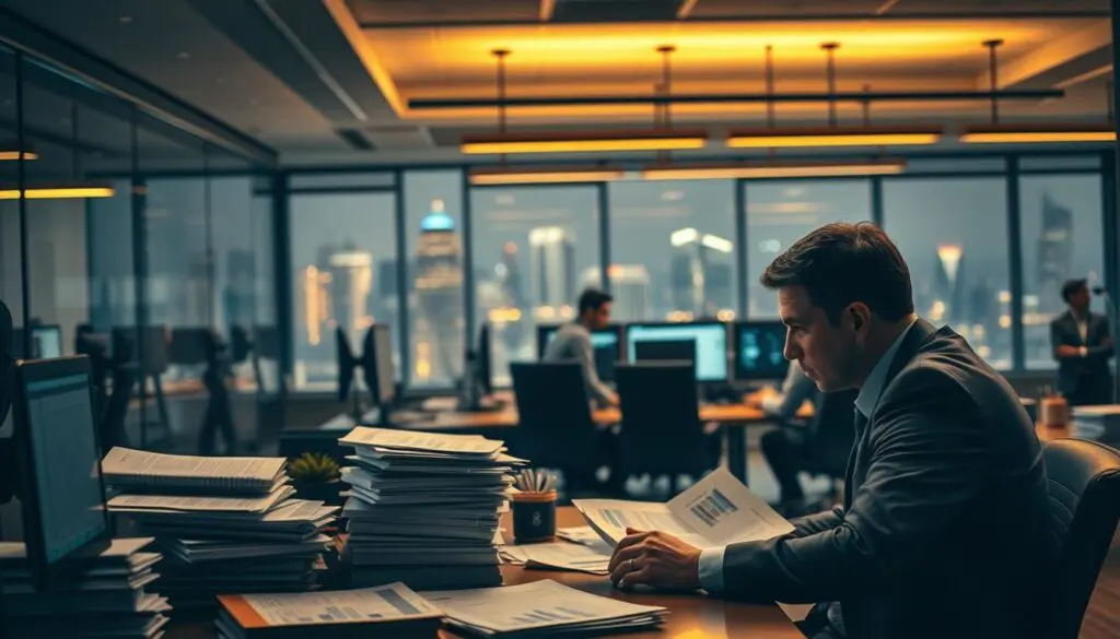 A bustling modern office, dimly lit with warm overhead lighting. In the foreground, an executive sits at their desk, deep in thought, surrounded by stacks of financial reports and budget spreadsheets. The middle ground showcases IT professionals collaborating at a conference table, scrutinizing data on multiple monitors, their expressions serious as they strategize ways to reallocate resources. In the background, the office skyline is visible through large windows, the city lights twinkling in the distance, suggesting the larger economic context. The atmosphere conveys a sense of careful deliberation and careful decision-making in the face of budgetary constraints. A bustling modern office, dimly lit with warm overhead lighting. In the foreground, an executive sits at their desk, deep in thought, surrounded by stacks of financial reports and budget spreadsheets. The middle ground showcases IT professionals collaborating at a conference table, scrutinizing data on multiple monitors, their expressions serious as they strategize ways to reallocate resources. In the background, the office skyline is visible through large windows, the city lights twinkling in the distance, suggesting the larger economic context. The atmosphere conveys a sense of careful deliberation and careful decision-making in the face of budgetary constraints.