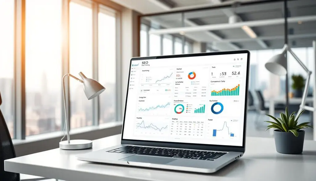 A sleek, modern office workspace with a laptop displaying various SEO performance tracking tools on its screen. The laptop is placed on a clean, minimalist desk with a stylish desk lamp and a potted plant adding a touch of greenery. The background features a large window overlooking a cityscape, allowing natural light to filter in and create a bright, airy atmosphere. The overall scene conveys a sense of productivity, efficiency, and a data-driven approach to optimizing online visibility and performance.