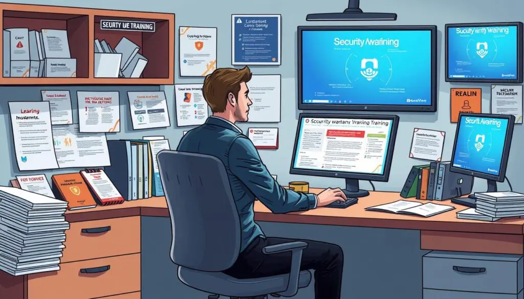 Create an image of a person sitting at a desk with a computer, surrounded by security awareness training materials