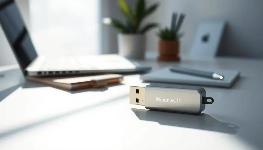 A sleek, silver USB recovery drive sits on a minimalistic, well-lit desk, casting subtle shadows. The drive is the focal point, surrounded by a clean, modern office space with a blurred background of a laptop, stationery, and a potted plant. The lighting is soft and directional, accentuating the drive's metallic finish and creating a sense of professionalism and purpose. The overall mood is one of efficiency, reliability, and technological confidence, reflecting the emergency Windows 11 update and the need for a recovery solution.