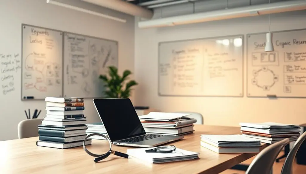 A bustling office scene, with a spacious desk and a laptop taking center stage. Stacks of notebooks and a magnifying glass suggest the meticulous process of keyword research. The walls are lined with whiteboards covered in scribbles and diagrams, hinting at the strategic planning involved. Soft, warm lighting illuminates the space, creating an atmosphere of focus and discovery. The overall composition conveys the importance of thorough, data-driven keyword analysis for small businesses seeking to optimize their online presence and reach their target audience. A bustling office scene, with a spacious desk and a laptop taking center stage. Stacks of notebooks and a magnifying glass suggest the meticulous process of keyword research. The walls are lined with whiteboards covered in scribbles and diagrams, hinting at the strategic planning involved. Soft, warm lighting illuminates the space, creating an atmosphere of focus and discovery. The overall composition conveys the importance of thorough, data-driven keyword analysis for small businesses seeking to optimize their online presence and reach their target audience.