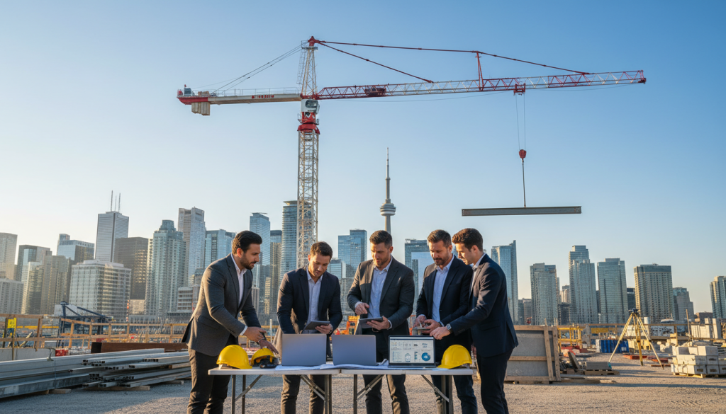 A construction site in the foreground showcases a diverse team of professionals in smart casual attire, engaged in discussions around laptops and digital tablets. In the middle ground, a sleek crane operates efficiently, symbolizing continuity and productivity. The background features a city skyline of the Greater Toronto Area, with modern buildings under a clear blue sky that conveys a sense of optimism. Soft, natural lighting highlights the tools and equipment, creating a vibrant, focused atmosphere. The composition should capture a sense of teamwork and technological integration, emphasizing operational resilience and minimal downtime in construction workflows. The scene is dynamic, reflecting progress and innovation within the industry.