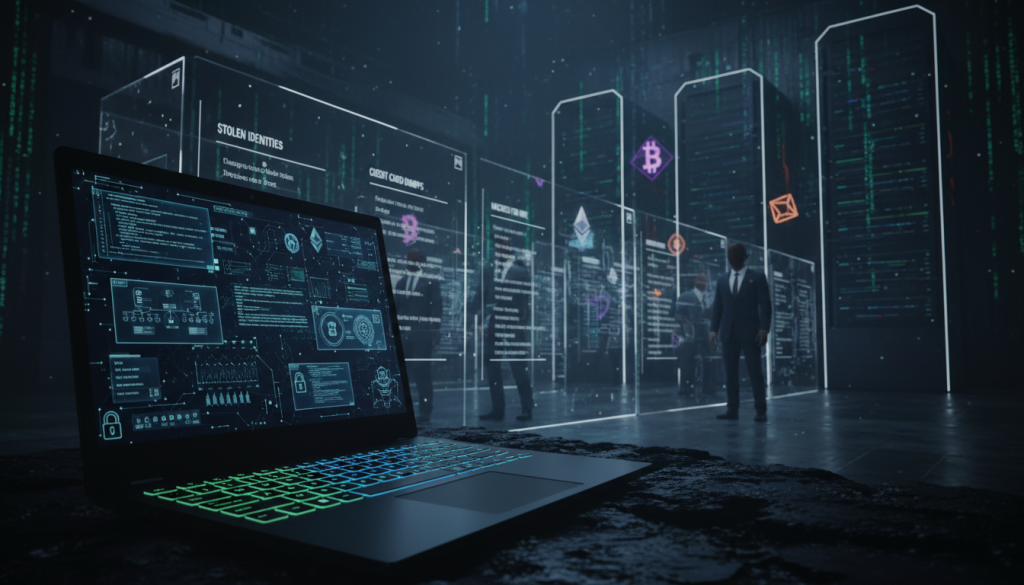 A dark web cybercrime marketplace, featuring a detailed underground digital environment. In the foreground, a sleek laptop displays encrypted data and crime-related graphics, with a dimly lit keyboard glowing in blues and greens. The middle ground shows a virtual storefront with shadowy figures browsing fraudulent services, depicted in professional business attire, creating an atmosphere of secrecy and intrigue. The background features ominous silhouettes of darknet servers and digital currency symbols, along with faint circuitry and code overlays. The lighting is low and moody, casting dramatic shadows to enhance the mysterious vibe. The perspective is a slightly upward angle, emphasizing the depth and complexity of this digital underworld.