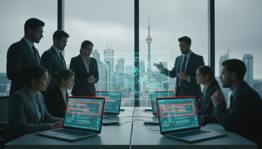 A futuristic office environment showcasing the concept of quantum computing risks. In the foreground, a diverse group of professionals in business attire is gathered around a sleek, holographic computer interface displaying complex quantum algorithms. In the middle ground, open laptops reveal phishing emails blurring on screens, highlighted in red to indicate threats. In the background, a large window showcases a city skyline, suggesting a modern Canadian metropolis under cloudy skies, evoking a sense of urgency. Soft blue and green lighting enhances the high-tech atmosphere, while a shallow depth of field focuses on the professionals and their interaction with the technology. The overall mood is tense yet vigilant, emphasizing the necessity of preparedness against future cyber threats.