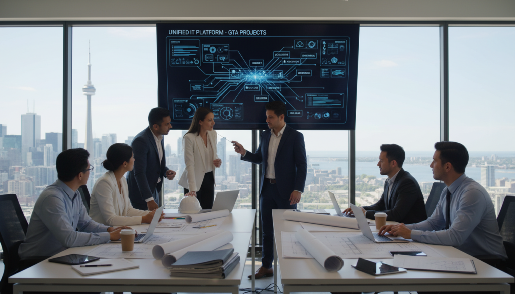 A modern construction office scene focused on unified IT systems, showcasing a sleek digital dashboard on a large screen displaying interconnected data streams. In the foreground, a diverse group of professionals in business attire is engaged in a collaborative discussion, pointing at the screen. The middle ground includes open workspaces with laptops, blueprints, and construction plans scattered on tables, suggesting an atmosphere of innovation and teamwork. The background features glass walls with a cityscape view of the Greater Toronto Area, bathed in natural light, enhancing the image's clarity. The lighting is bright and focus-driven, creating a dynamic and uplifted mood, indicative of a forward-thinking construction environment. The composition should be from a slight low angle to emphasize the professionals and technology in action, capturing the essence of eliminating information silos in construction.