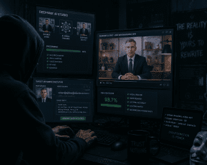 Hacker using AI to deepfake a business