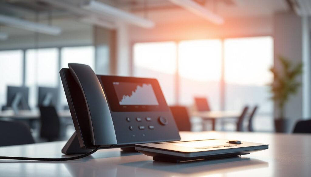 Teams conference phone, sitting prominently on a minimalist desk, its sleek design and intuitive interface capturing the essence of modern business communication. A warm, diffused light illuminates the device, casting soft shadows that accentuate its clean lines and polished surface. The phone is positioned in the foreground, with a blurred background of a serene office environment, allowing the focus to remain on the tool that enables seamless collaboration. The overall composition conveys a sense of professionalism, efficiency, and a commitment to staying connected in the digital age.