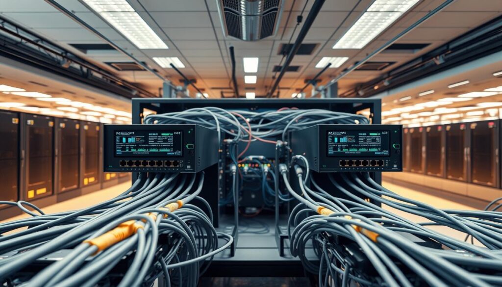 A highly redundant network architecture featuring parallel internet connections, redundant network devices, and failover mechanisms. The foreground showcases multiple Ethernet cables, routers, and switches in a sleek, modern data center setting with ample space and minimal clutter. The middle ground displays a complex web of fiber optic cables and diagnostic displays, conveying the intricate interconnectivity. The background features a panoramic view of the server room, bathed in a warm, ambient lighting that highlights the architectural design elements. The overall tone is one of technological sophistication, reliability, and attention to detail, perfectly suited to illustrate a robust network redundancy strategy.