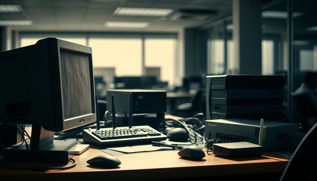 A modern office interior with a cluttered desk displaying various IT hardware components - desktop computer, monitor, keyboard, mouse, network router, and power strip. The equipment appears worn and outdated, with visible signs of age and use. The lighting is stark and harsh, casting sharp shadows across the desk surface. The background is a blurred, generic office environment, hinting at the professional context. The overall atmosphere conveys a sense of escalating costs and financial strain associated with maintaining aging IT infrastructure.