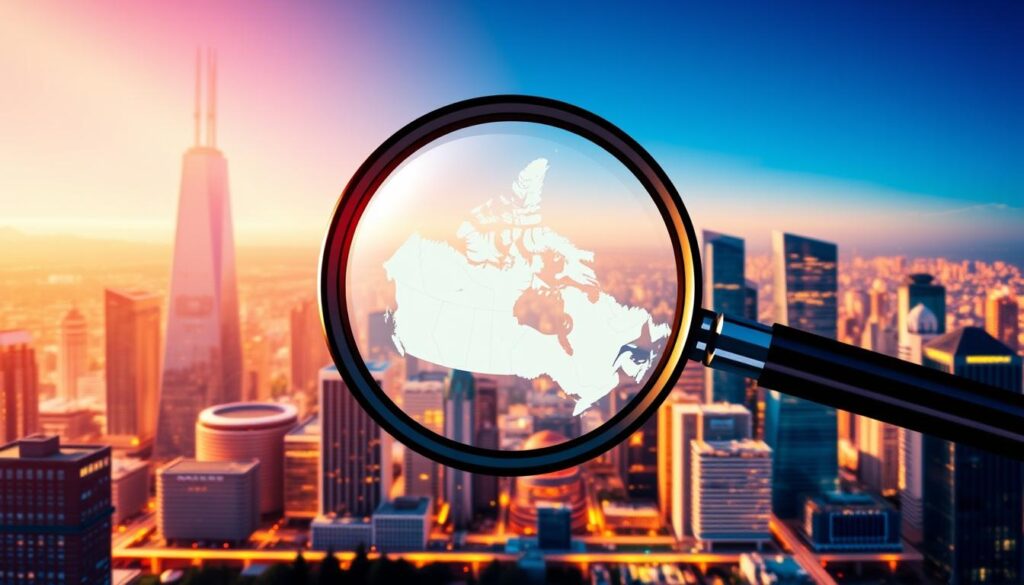 A vibrant, eye-catching illustration of essential Local SEO optimization techniques for Canadian businesses. In the foreground, a magnifying glass highlights local search results, with optimization tactics like NAP consistency, citations, and reviews prominently displayed. In the middle ground, a stylized world map showcases Canada, emphasizing the importance of hyper-local targeting. The background features a sleek, modern city skyline, bathed in warm, golden lighting to convey an atmosphere of success and professionalism. The overall composition is dynamic, visually compelling, and perfectly aligned with the article's subject and section title.