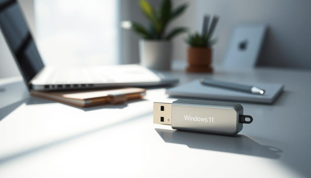 A sleek, silver USB recovery drive sits on a minimalistic, well-lit desk, casting subtle shadows. The drive is the focal point, surrounded by a clean, modern office space with a blurred background of a laptop, stationery, and a potted plant. The lighting is soft and directional, accentuating the drive's metallic finish and creating a sense of professionalism and purpose. The overall mood is one of efficiency, reliability, and technological confidence, reflecting the emergency Windows 11 update and the need for a recovery solution. A sleek, silver USB recovery drive sits on a minimalistic, well-lit desk, casting subtle shadows. The drive is the focal point, surrounded by a clean, modern office space with a blurred background of a laptop, stationery, and a potted plant. The lighting is soft and directional, accentuating the drive's metallic finish and creating a sense of professionalism and purpose. The overall mood is one of efficiency, reliability, and technological confidence, reflecting the emergency Windows 11 update and the need for a recovery solution.