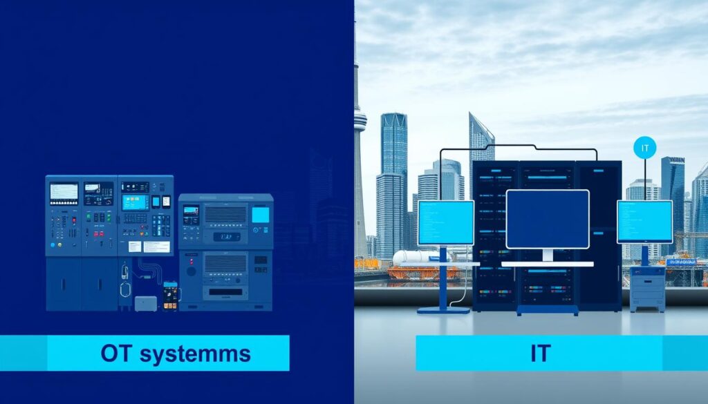 OT vs IT differences manufacturing Toronto visual comparison showing factory floor equipment connected to business systems