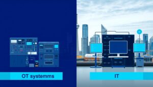 OT vs IT differences manufacturing Toronto visual comparison showing factory floor equipment connected to business systems